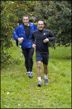 Television presenter Dermot Murnaghan on his way to the finish line